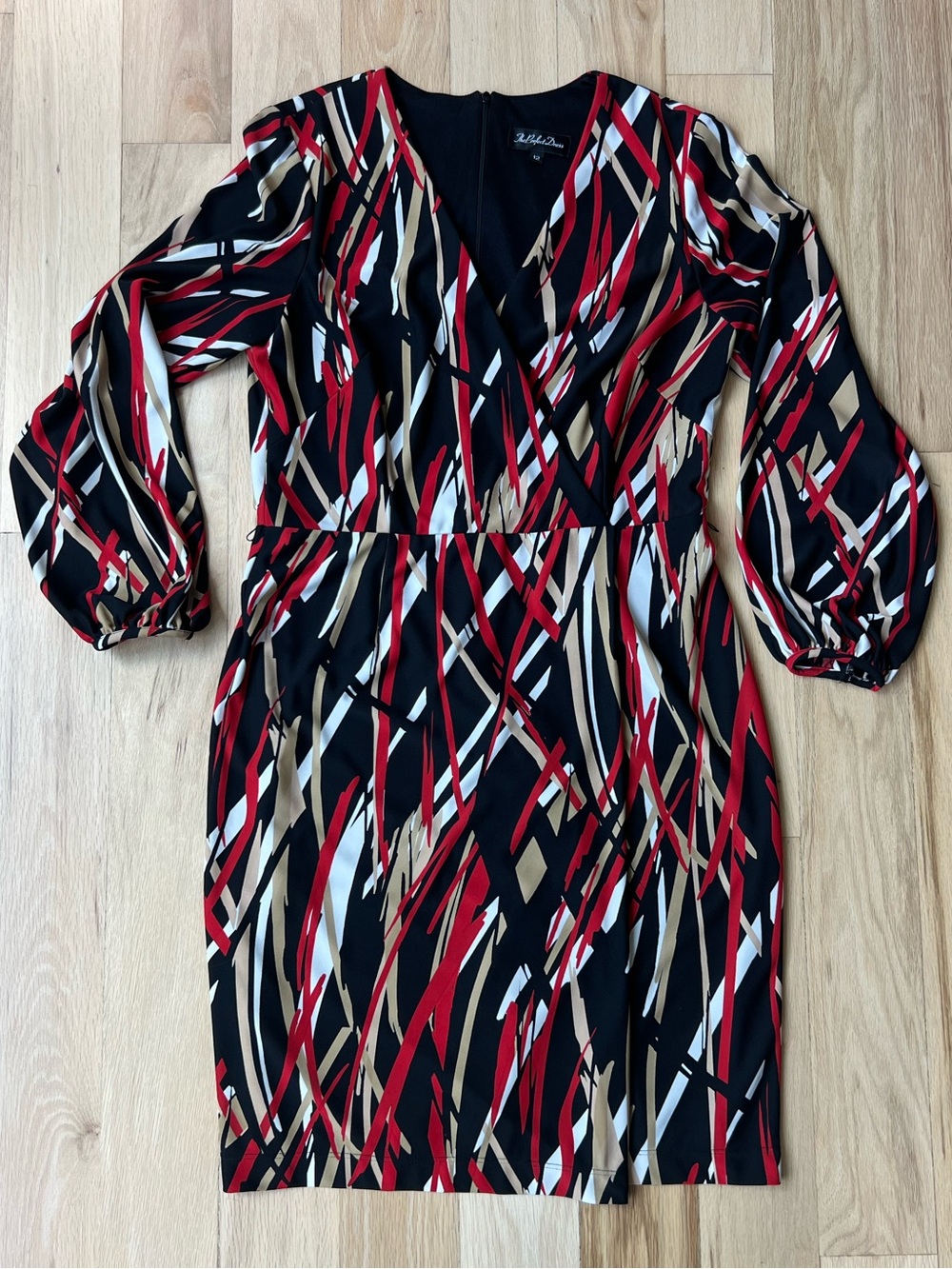 Vintage Made in USA Abstract Print Faux Wrap Balloon Sleeve Midi Dress Size 12